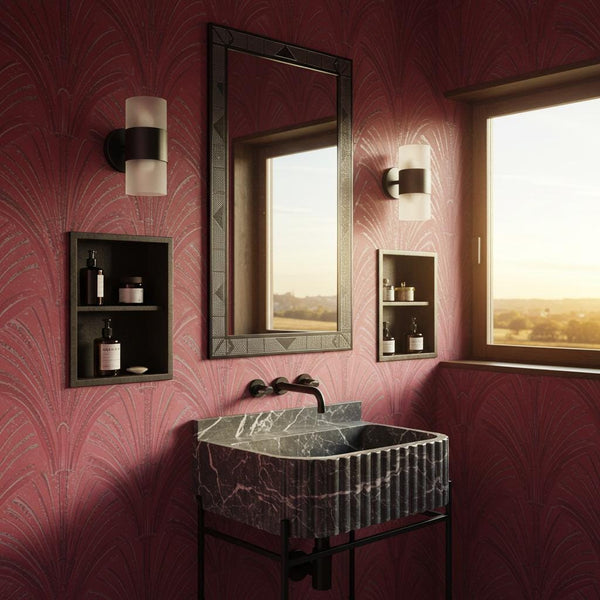 Fluted Nero Marble Sink with Matte Black Metal Frame M4M78