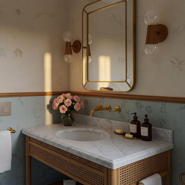 Carrara Marble Vanity with Rattan Wood Base and Stone Backsplash M4F92 hover