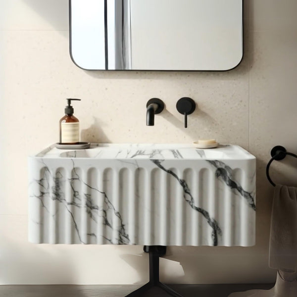 Fluted Carrara Marble Wall Sink with Soft Arched Detailing M4S055 hover