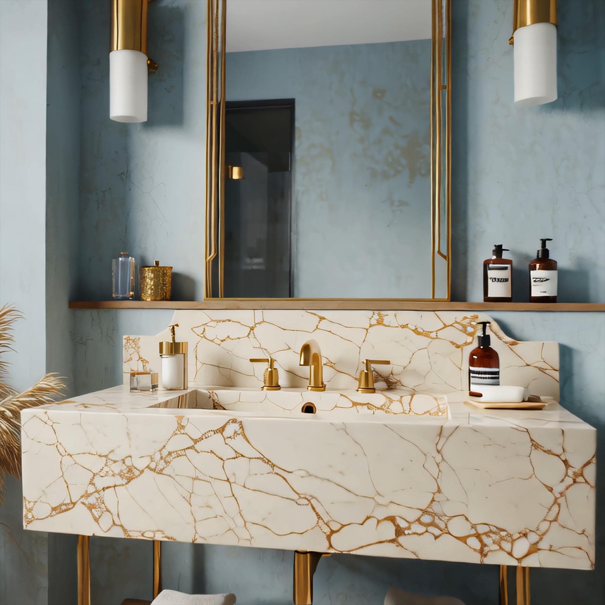 The vanity blends fine Italian marble, brass fixtures, and oak detailing in one elegant piece.