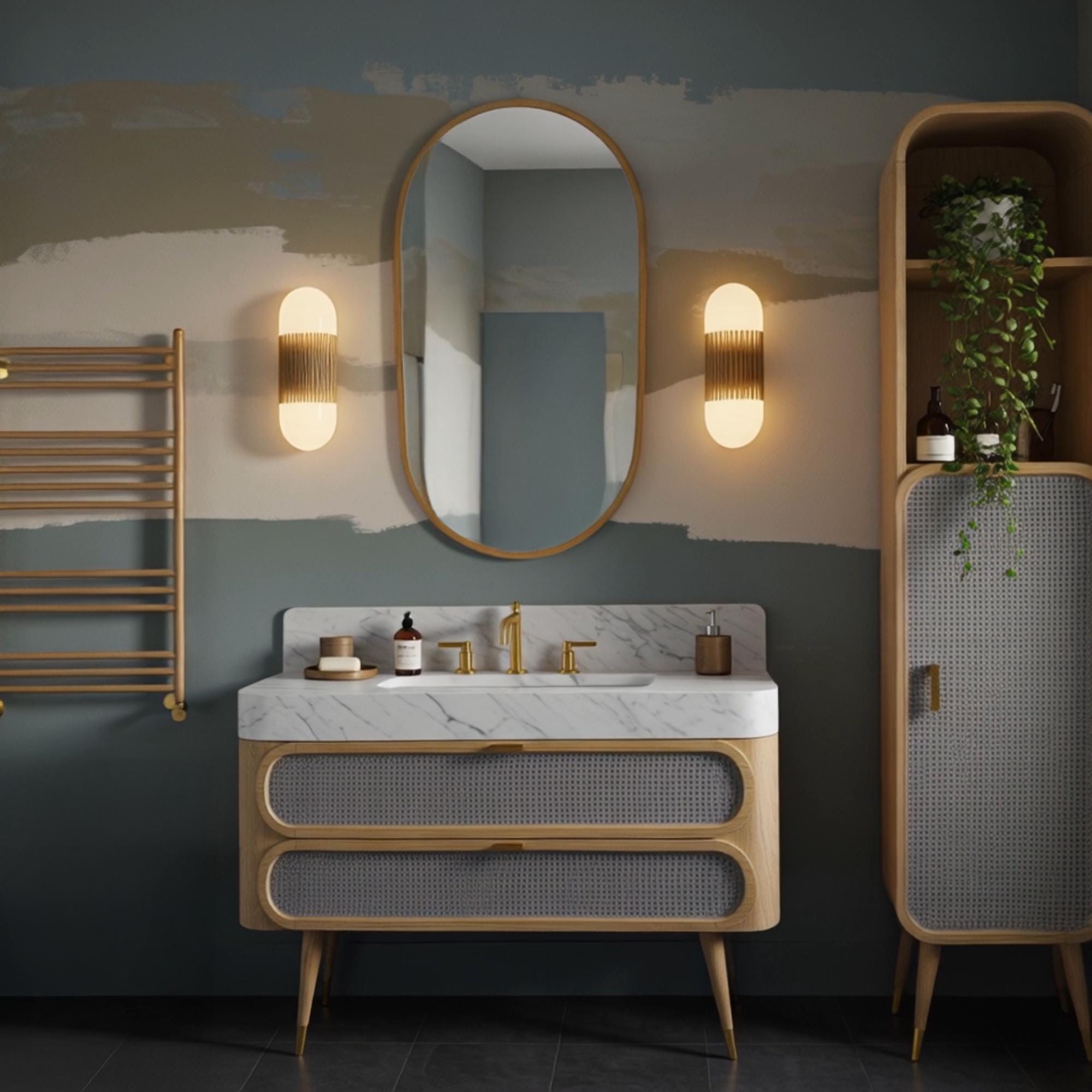 Light wood vanity with rounded rattan drawers and a Carrara marble top, paired with a gold faucet and wall-mounted design.