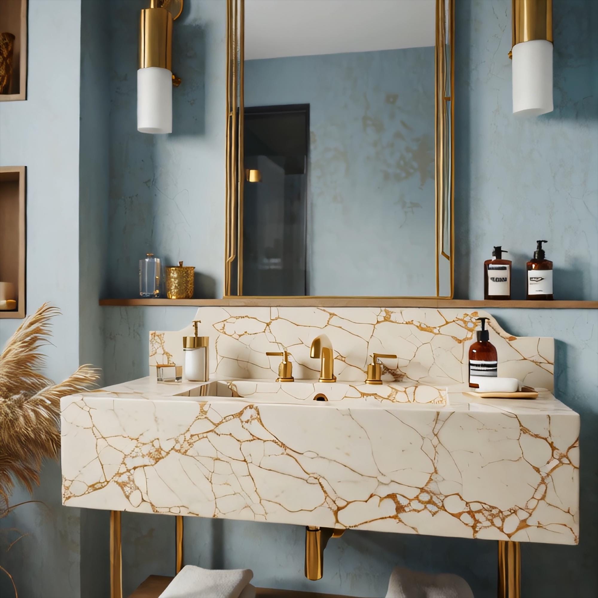 A luxurious bathroom sink made from Calacatta Gold marble, styled with gold hardware.