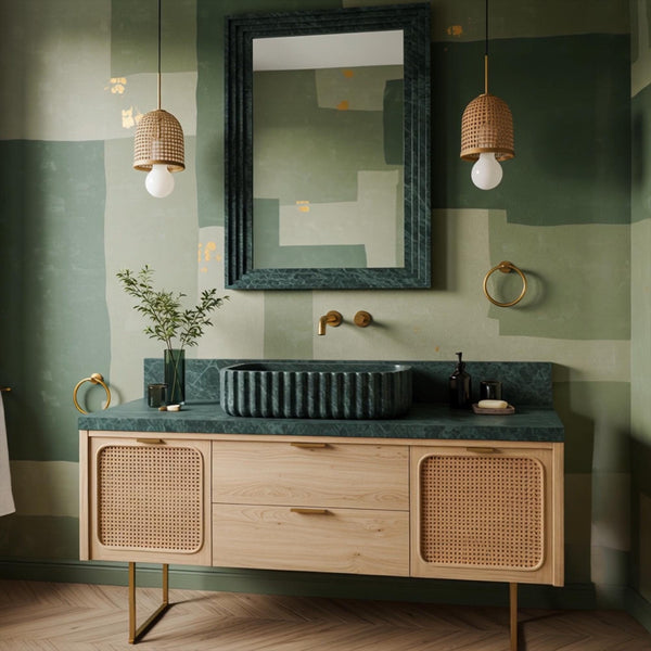 Green Marble Fluted Sink with Cane-Door Vanity Console M4F62 hover