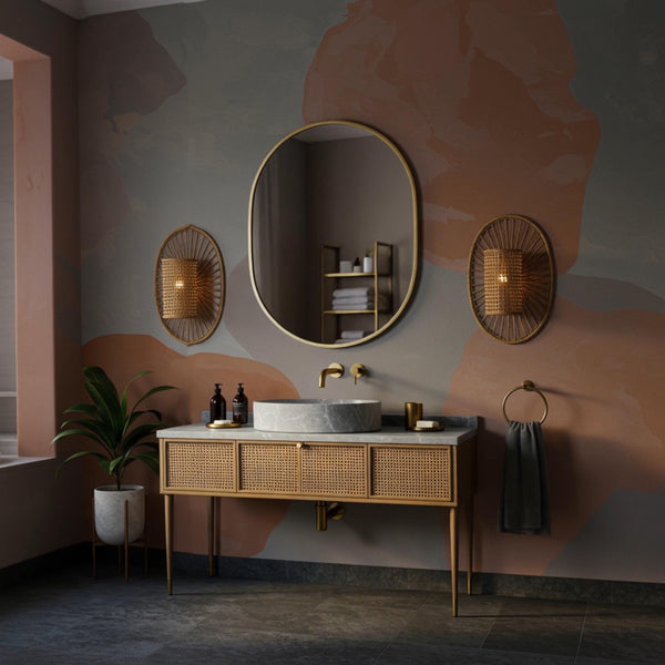 Pietre Notte Gray Marble Vanity with Rattan Cabinet Front M4F79 hover