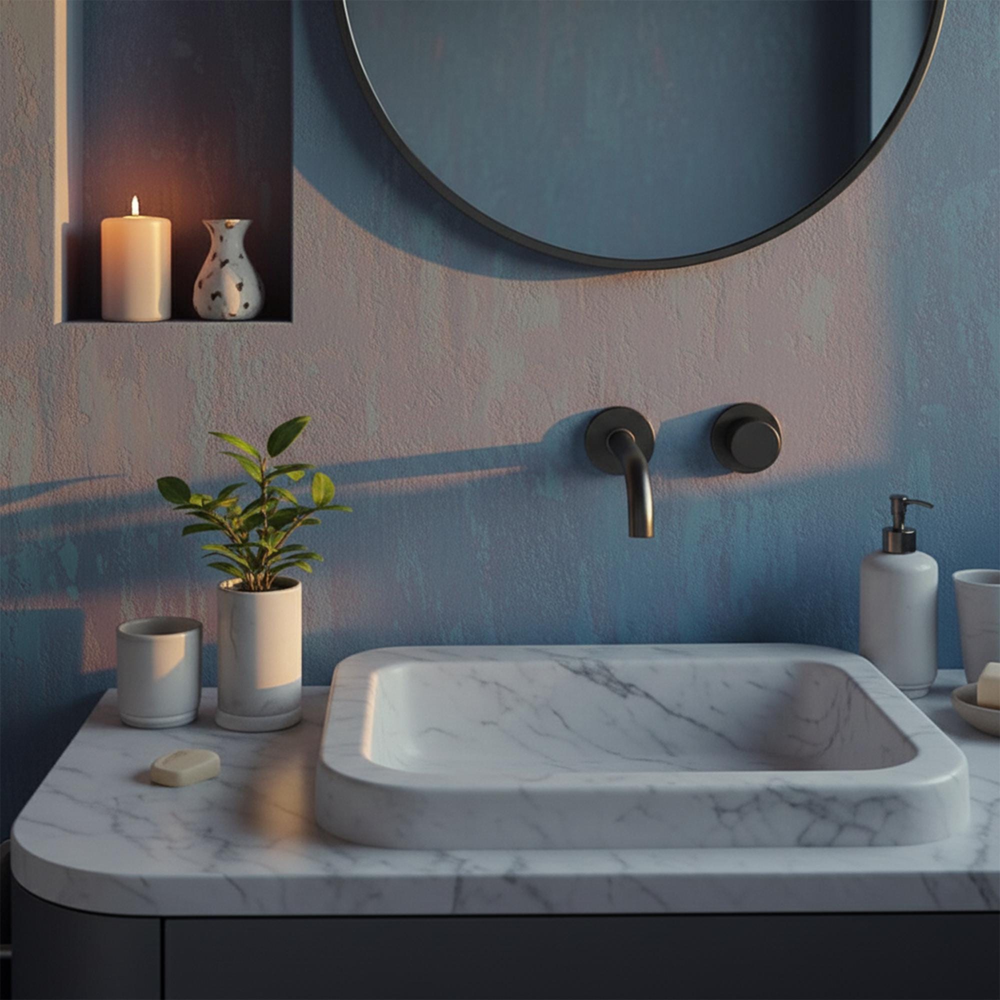 Luxurious Carrara marble sink atop a sleek wall-mounted vanity with rounded design and clean finishes.
