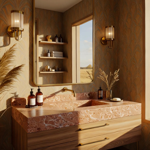 Pink Violet Marble Vanity with Brass Fixtures and Walnut Drawers M4F030 hover