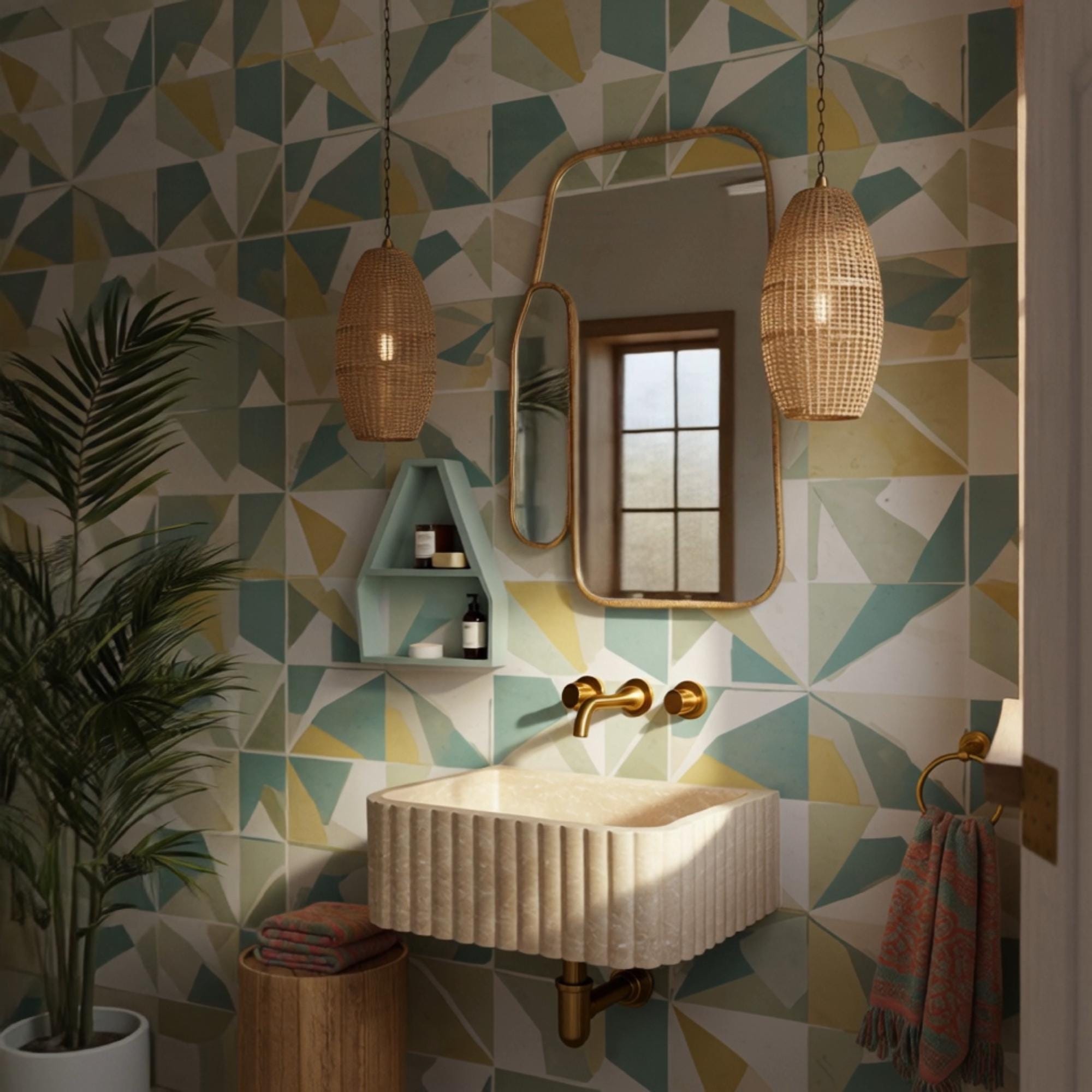 This luxury travertine sink with a fluted front is perfect for stylish, modern powder room interiors.