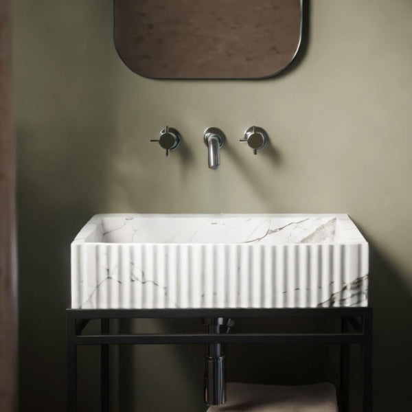 Fluted White Marble Sink with Black Metal Stand M4M050 hover