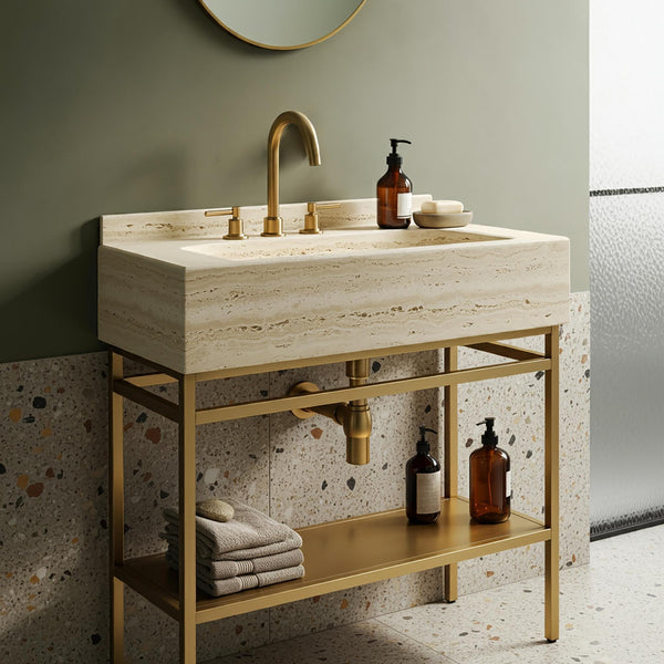 Modern Travertine Sink with Optional Backsplash  – Bold Lines & Timeless Elegance M4M016