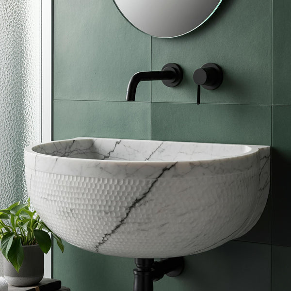 Handcrafted Carrara Marble Sink  - Intricate Textures in a Timeless Oval Design M4S034