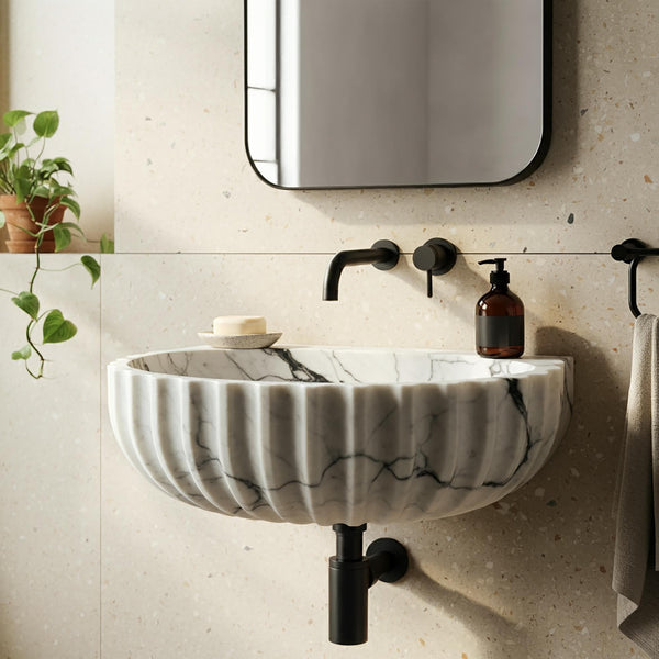 Oval Carrara Marble Sink  – Dynamic Ribbed Design with Integrated Soap Rest M4S052