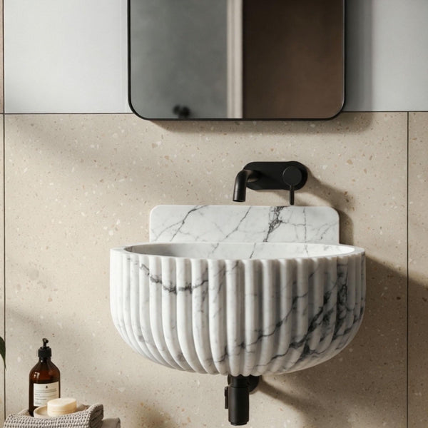 Fluted Carrara Marble Oval Wall-Mounted Sink M4S058 hover