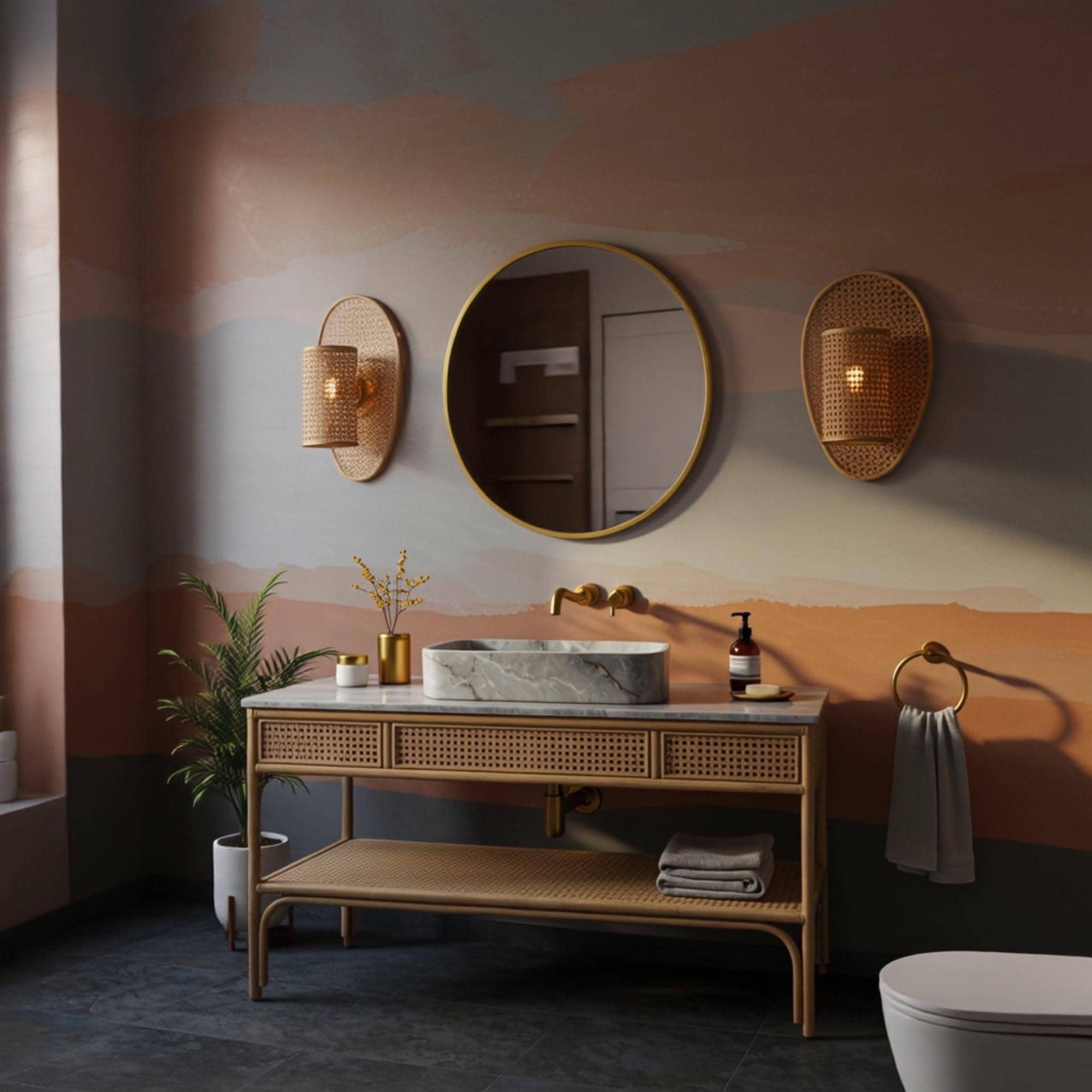 A Pietre Notte gray marble sink vanity with brass fixtures and natural wood tones creates a serene, designer-inspired bathroom.