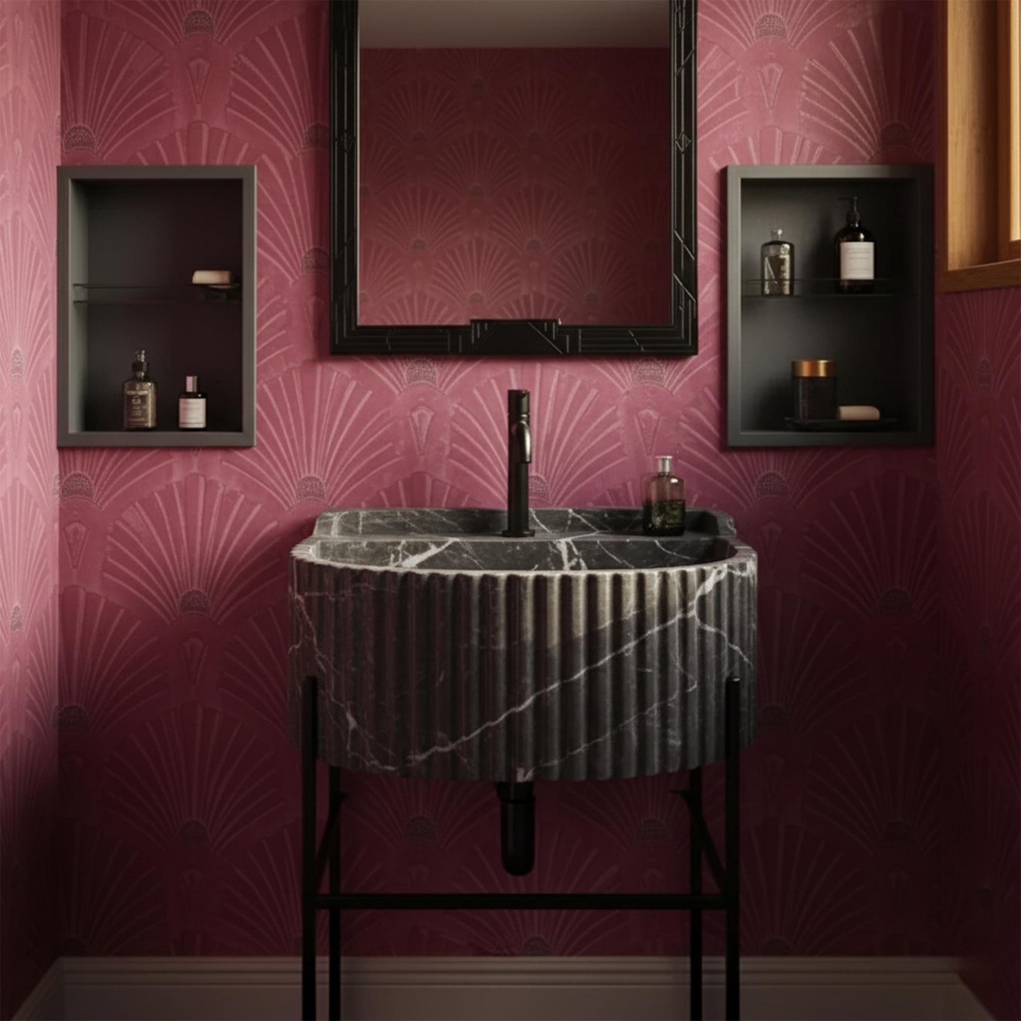 Elegant Pietre Notte marble vanity with carved fluted texture, featuring a matte black faucet and legs in a modern interior.
