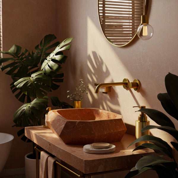 Custom Pink Marble Sink: Geometric Vessel with Golden Fixtures M4M043 hover