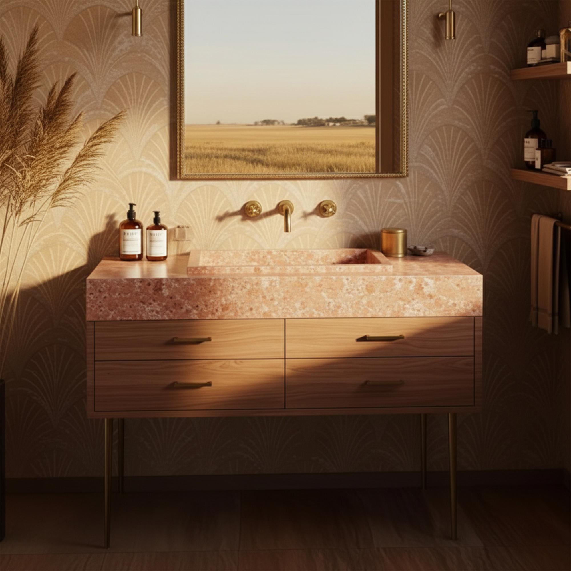 Wall-mounted pink marble sink features a terrazzo-like texture with a modern wooden vanity base and brass accents.