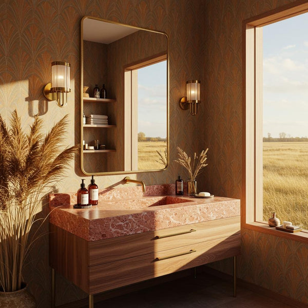 Pink Violet Marble Vanity with Brass Fixtures and Walnut Drawers M4F030