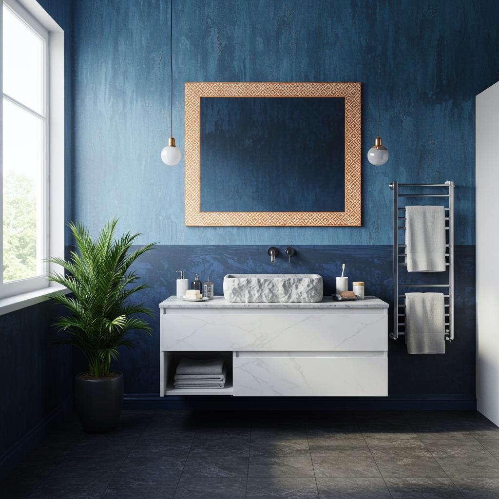 A raw Carrara marble sink rests on a white floating vanity in a modern luxury bathroom interior.