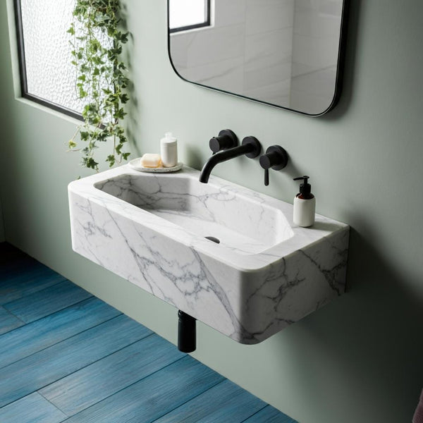 Rectangular Carrara Marble Wall Sink with Matte Black Fixtures M4S024