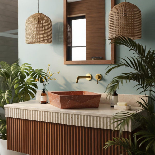 Geometric Red Marble Sink with Fluted Travertine Vanity M4F94 hover