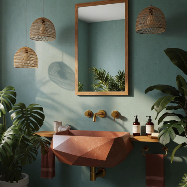 Red Travertine Marble Sink: Geometric Wall Mounted Bathroom Basin M4S029 hover