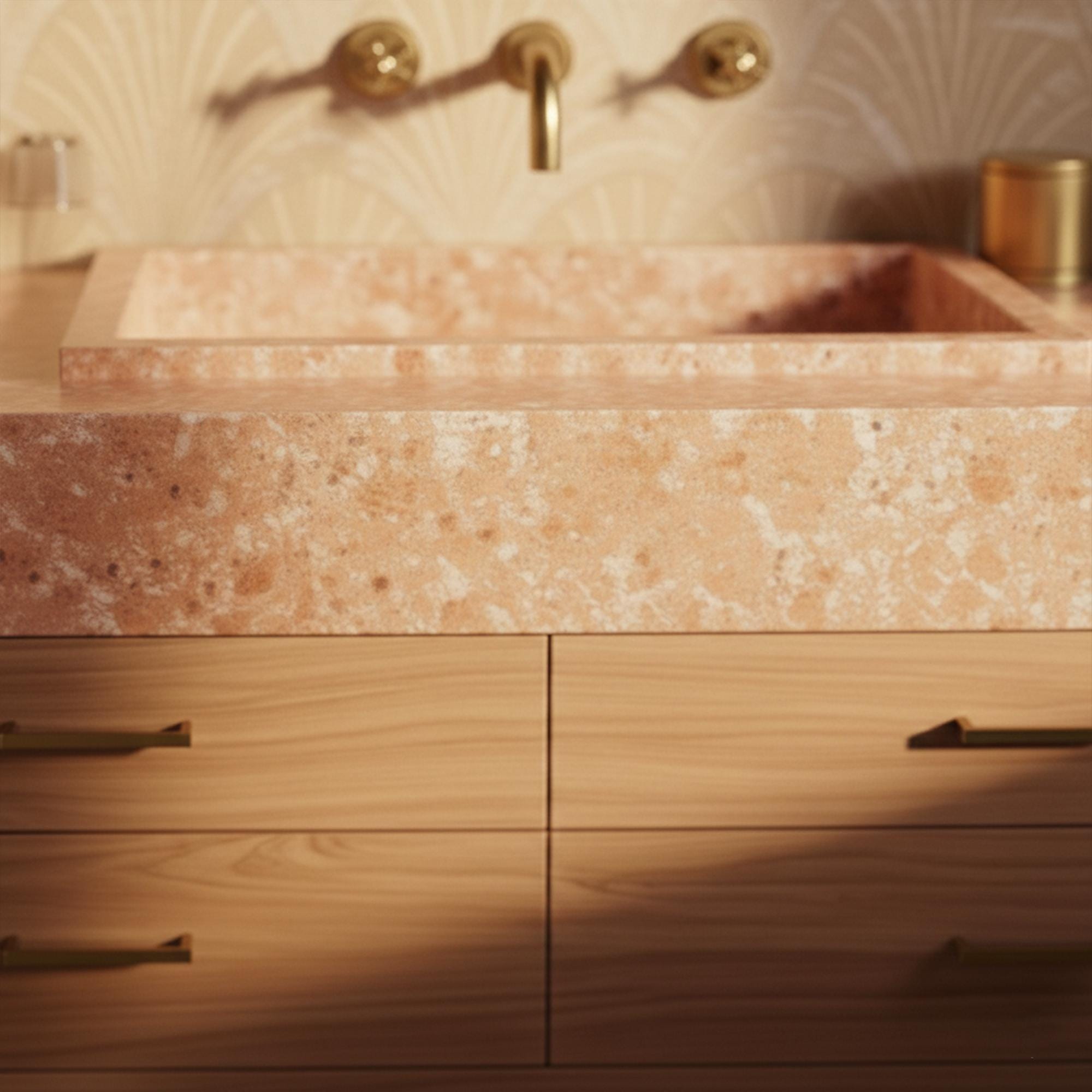 Elegant bathroom setup with a rose-toned marble countertop and built-in basin atop walnut drawers and golden legs.