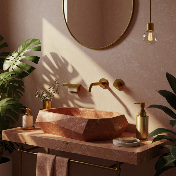 Custom Pink Marble Sink: Geometric Vessel with Golden Fixtures M4M043