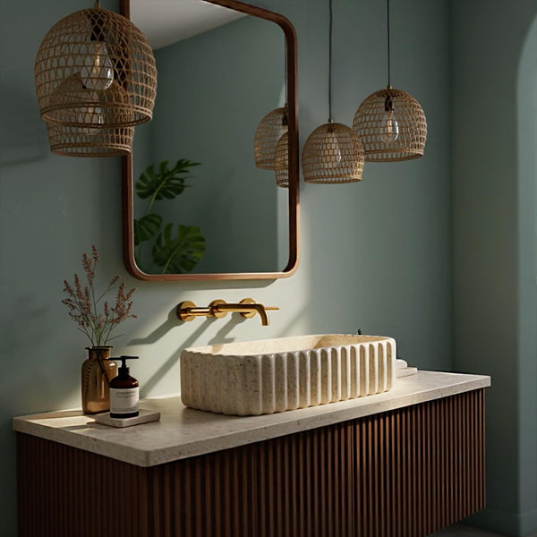 Fluted Travertine Vessel Sink on Textured Wood Vanity M4S025 hover