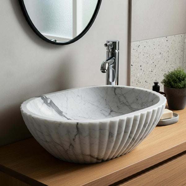 Fluted Oval Carrara Marble Vessel Sink M4F64 hover