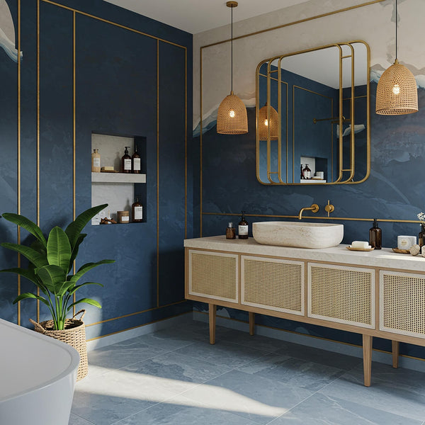 Travertine Stone Vanity with Cane Cabinetry and Vessel Sink M4F87