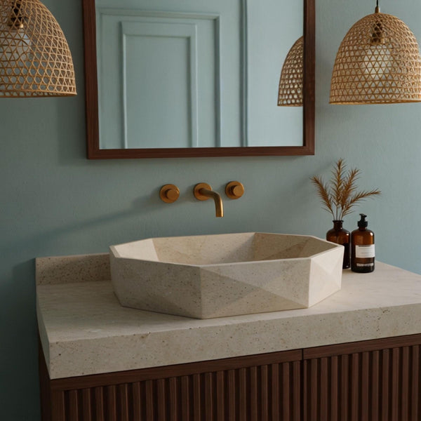 Geometric Travertine Vessel Sink with Fluted Walnut Vanity M4F63 hover
