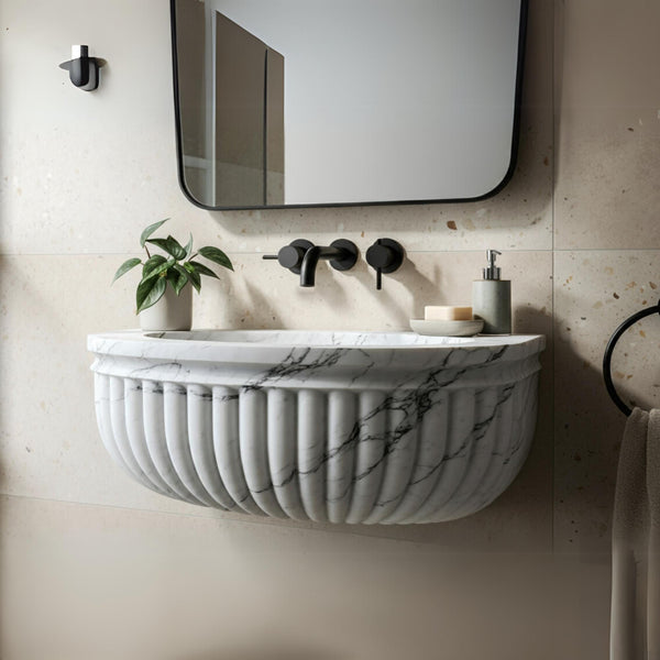 Wall-Mounted Fluted Calacatta Viola Marble Sink Basin M4S046 hover