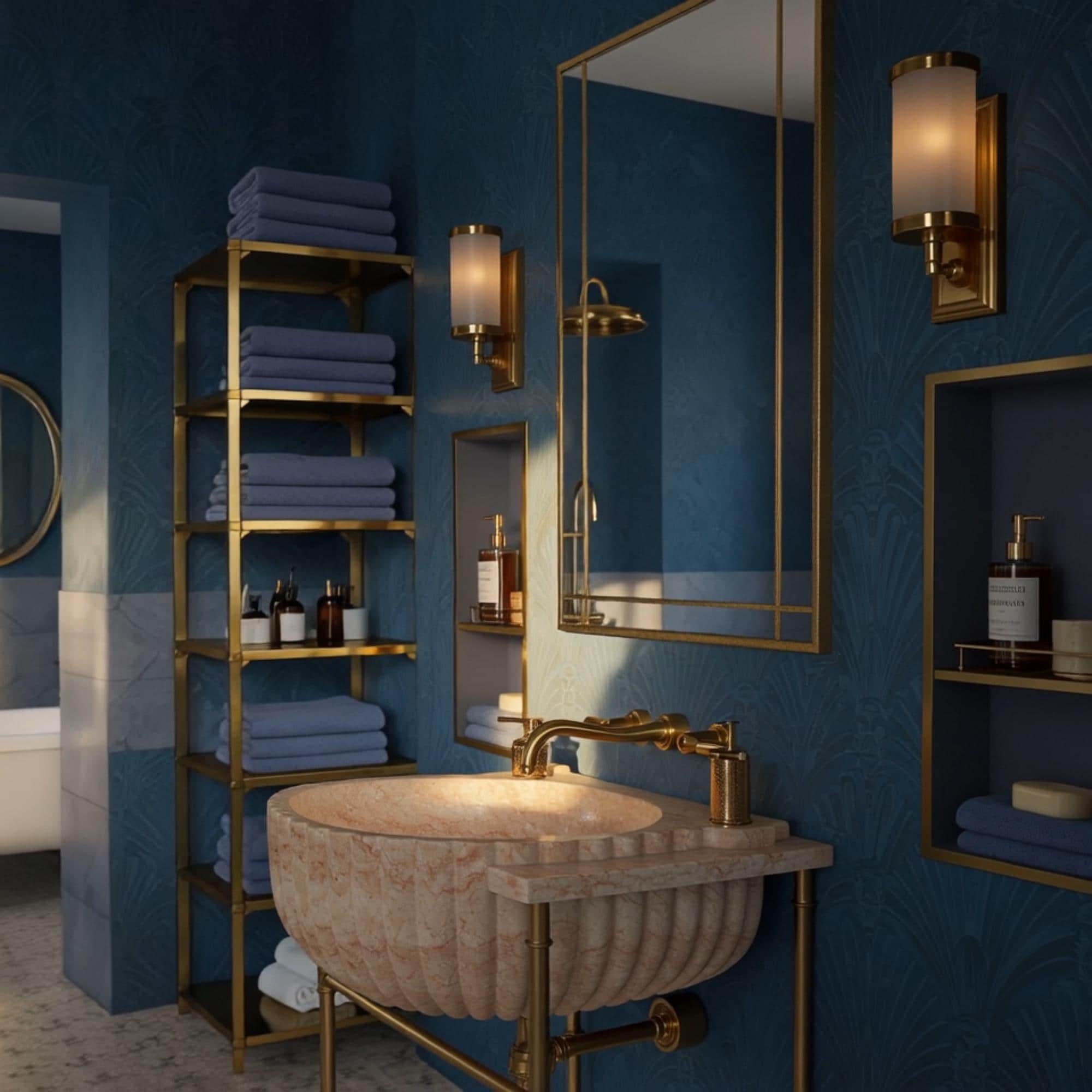 Elegant wall-mounted vanity with sculpted travertine sink and refined golden fixtures for high-end design.