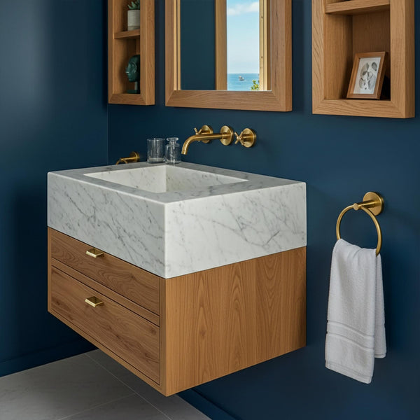 Carrara Marble Wall-Mount Bathroom Sink: Modern Floating Vanity M4F049 hover