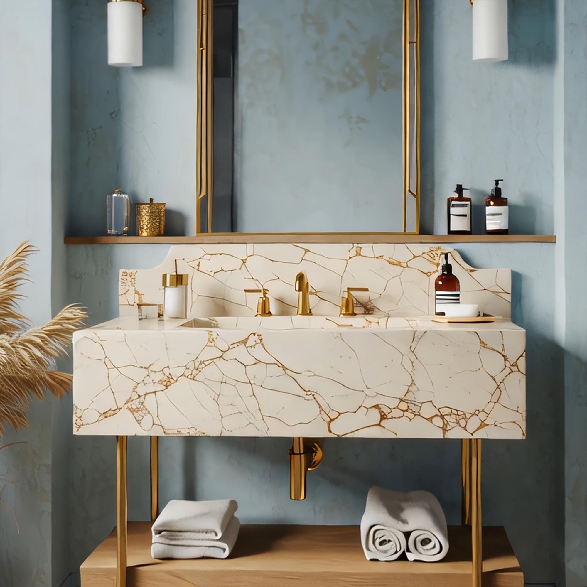 A premium wall-mounted marble vanity designed with storage space and golden accents.