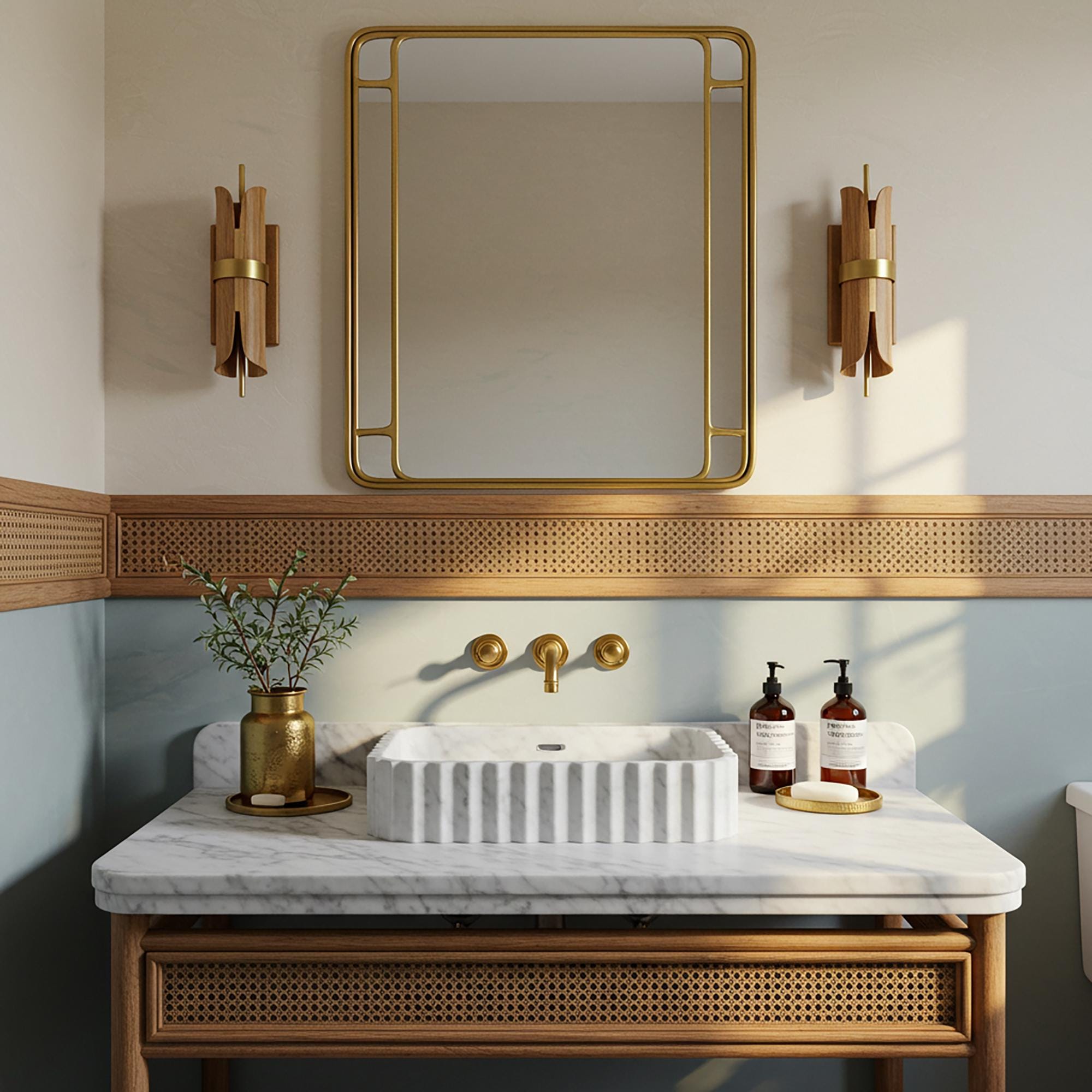 This Carrara marble bathroom sink features a fluted design and natural wood base, perfect for elegant modern interiors.