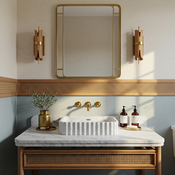 Carrara Fluted Marble Basin with Rattan Wood Vanity M4F74 hover