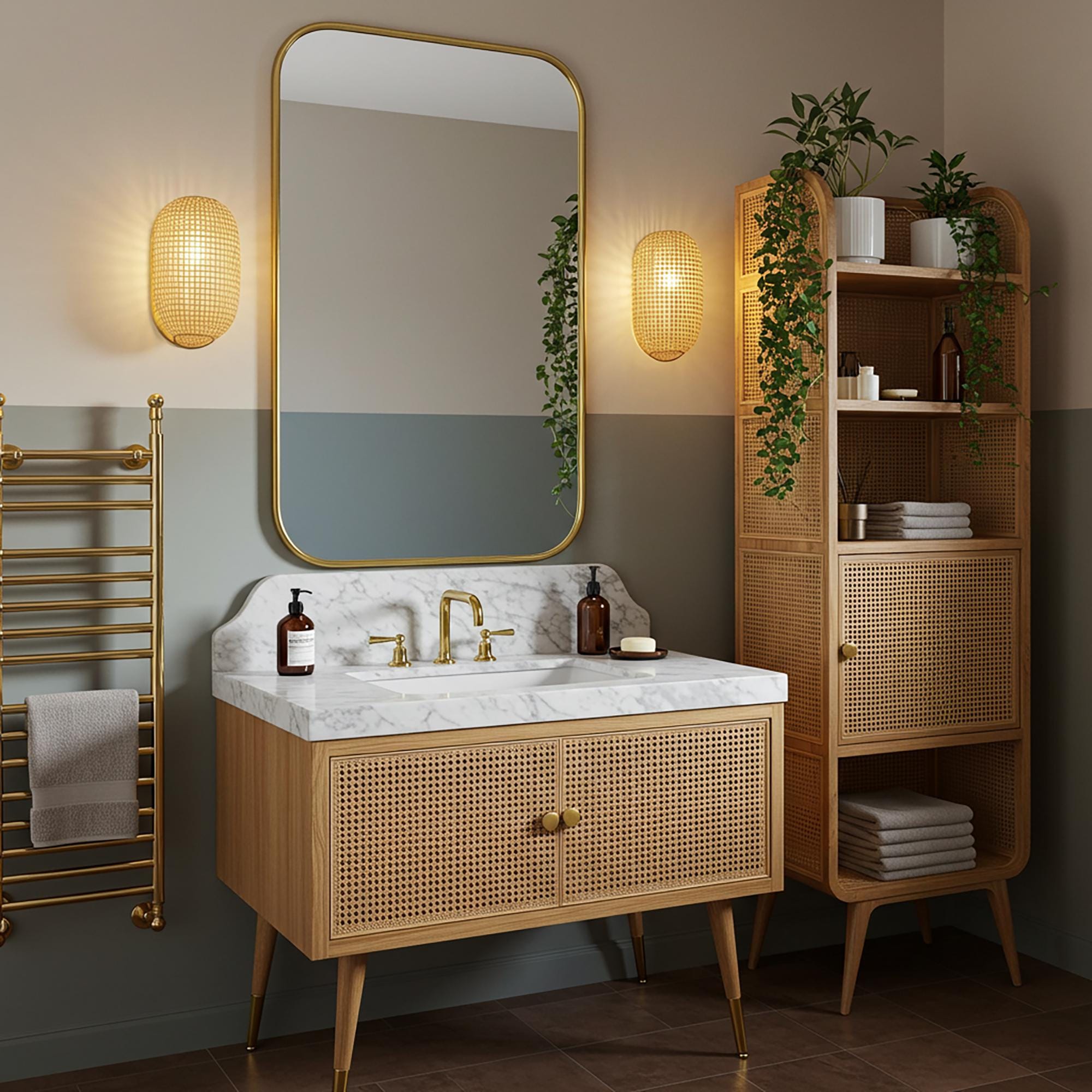 A luxury vanity with Carrara marble top, cane doors, and brass fixtures brings warmth to a high-end bathroom.