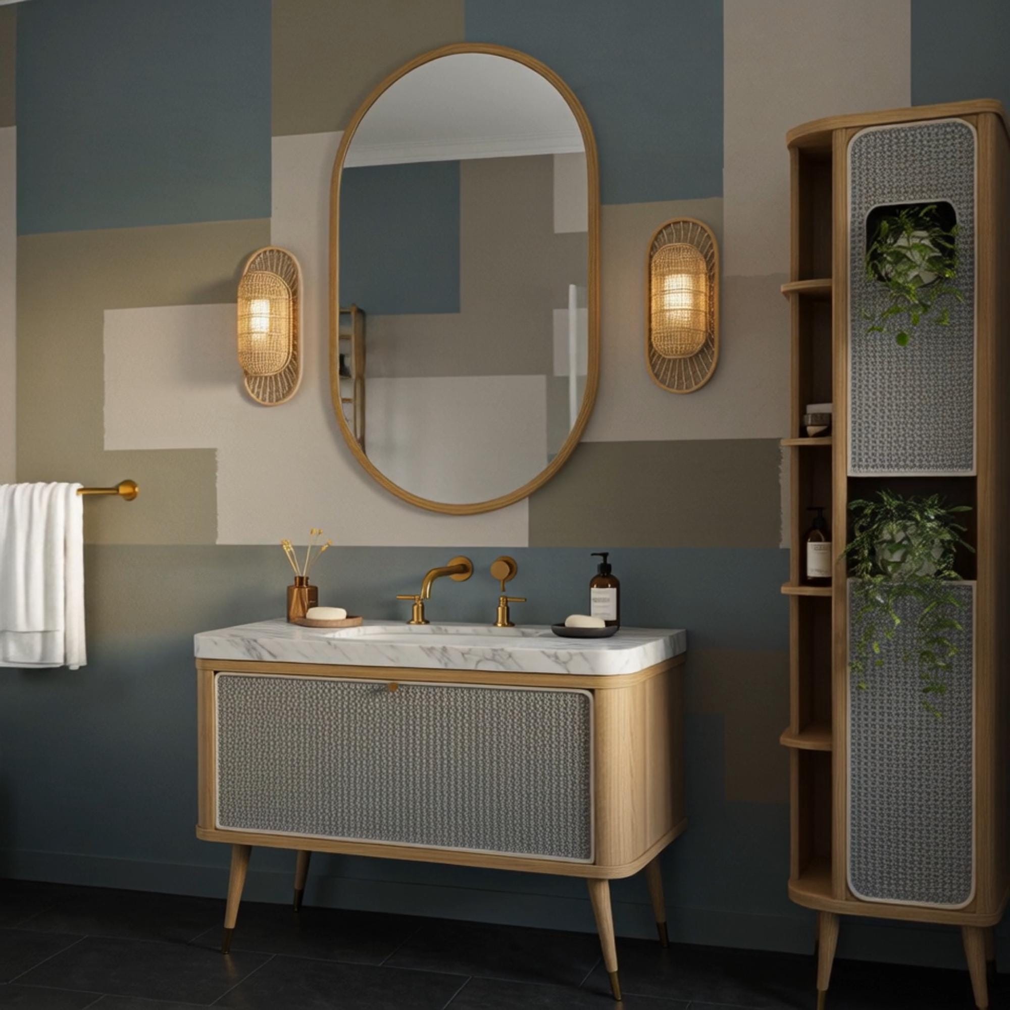A sophisticated bathroom vanity with Carrara marble sink, oak frame, and cane detail designed for high-end interiors.